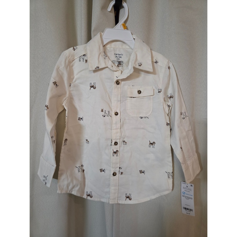 Carters Toddler Boys 3T Dog Print Button Down Shirt Ivory White Long Sleeve NWT